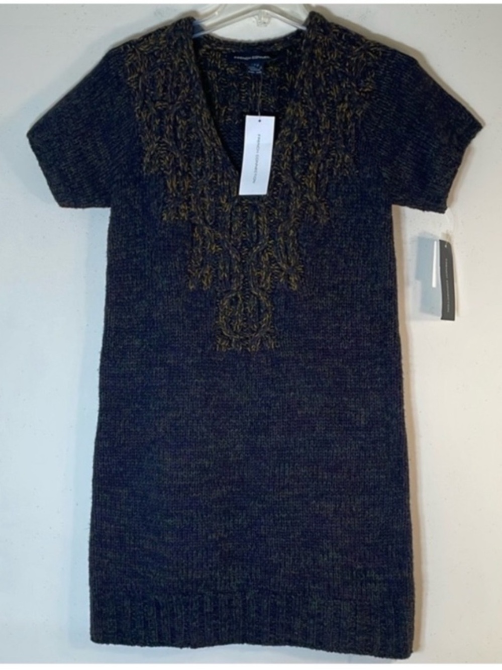 French Connection Charcoal Knit Midi Dress with Olive Embellishment